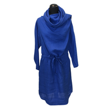 Load image into Gallery viewer, A royal blue linen midi dress/tunic with a scarf and 3/4 length sleeves, displayed on a mannequin.
