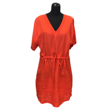 Load image into Gallery viewer, Orange color linen midi dress/tunic with side pockets and drawstring decoration.