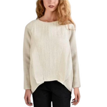 Load image into Gallery viewer, A woman wearing a beige linen cardigan with a round neckline and long sleeves, paired with black pants.