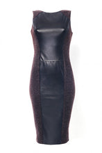 Load image into Gallery viewer, A black colour fitted silhouette leather and stretch textile dress with sleeveless design, round neckline, and a vent at the back. It features brown glowing wool on the sides.