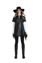 Load image into Gallery viewer, Person wearing a black leather dress with white sleeves and black boots on a white background