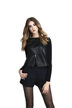 Load image into Gallery viewer, Woman wearing a black leather sleeveless blouse and shorts on a white background