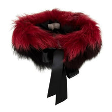 Load image into Gallery viewer, A red and black furry scarf with a black silk stripe tie, laying on a white background.