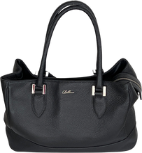 Load image into Gallery viewer, Black leather tote handbag with two handles and a Deer pattern, featuring a zippered compartment and additional pockets.