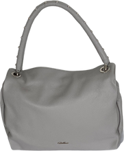 Load image into Gallery viewer, A light grey colored leather tote handbag with a deer pattern, featuring a handle with metal decorations.