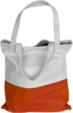 Load image into Gallery viewer, A white and orange high-quality durable leather handbag with a black lining and a zippered compartment.