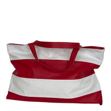 Load image into Gallery viewer, A white and red striped leather handbag with two structured handles and no closure.