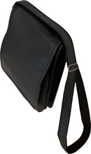 Load image into Gallery viewer, A black nubuck leather crossbody handbag with a zipper closure and an adjustable strap, displayed against a dark background.