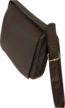 Load image into Gallery viewer, A brown nubuck leather crossbody handbag with one compartment and one outside pocket with zip closure.