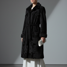Įkelti nuotrauką į galerijos peržiūros programą, Vilniaus Kailiai Mod. 02556xxx coat displayed on a hanger, showcasing its stylish design and fabric details.
