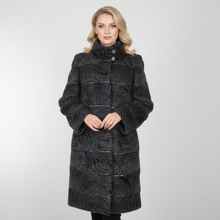 Įkelti nuotrauką į galerijos peržiūros programą, A woman modeling a black textured faux fur coat with a high collar and front buttons, photographed against a light gray studio background.
