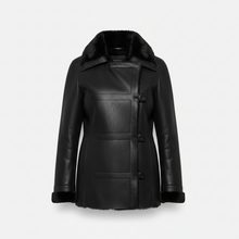 Įkelti nuotrauką į galerijos peržiūros programą, A black faux-leather shearling coat with a plush black fur collar, shown on a light gray background.
