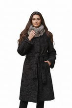 Įkelti nuotrauką į galerijos peržiūros programą, Woman wearing a dark patterned coat with a fur scarf on a white background
