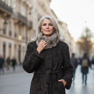 Vilniaus Kailiai Mod. 024862XX coat in plush fabric, featuring a classic design with a high collar and button closure.