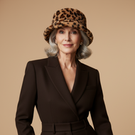 Woman wearing a leopard print hat and dark brown suit against a beige background