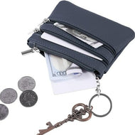 A navy blue leather key holder and wallet with multiple compartments, displayed alongside some coins and a key.