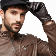 Įkelti nuotrauką į galerijos peržiūros programą, A man wearing a brown faux-leather zip-front jacket, matching brown glove, and black knit beanie hat, posed against a plain white background.
