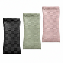 Load image into Gallery viewer, Three leather eyewear cases in black, green, and pink on a white background
