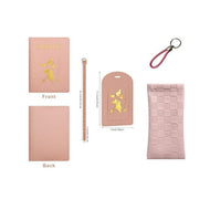 A set of pink-colored modular cases including a front pocket, a back pocket, a passport holder, and a key holder, each made of PU leather with the text 'RINKINYS' visible on the passport holder.