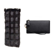 Black silk and fox scarf and black leather small handbag