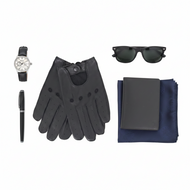 Vilniaus Kailiai men's leather gloves and leather wallet gift set, featuring black leather accessories on a white background.