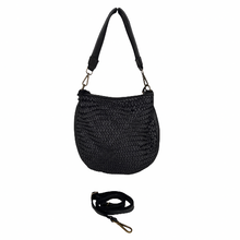 Load image into Gallery viewer, Black woven handbag with a detachable strap on a white background
