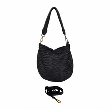 Load image into Gallery viewer, Black woven handbag with a strap on a white background
