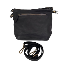 Load image into Gallery viewer, Black leather crossbody bag with strap on a white background
