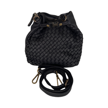 Load image into Gallery viewer, Black woven handbag with a strap on a white background
