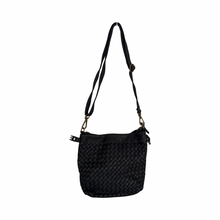 Load image into Gallery viewer, Black woven handbag with a strap on a white background
