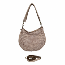 Load image into Gallery viewer, Beige woven handbag with a matching strap on a white background

