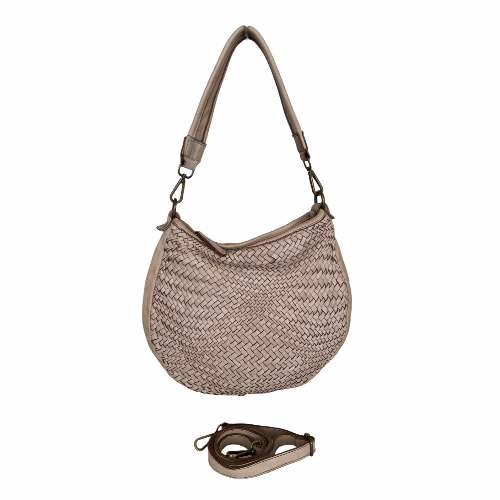 Beige woven handbag with a matching strap on a white background