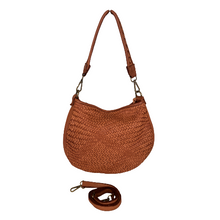 Load image into Gallery viewer, Brown woven handbag with a detachable strap on a white background
