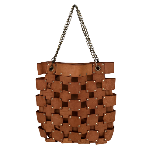 Brown woven bag with chain handle on a white background