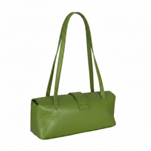 Įkelti nuotrauką į galerijos peržiūros programą, An olive green faux leather shoulder bag with a rectangular body, a front strap closure, and dual shoulder straps, shown against a plain white background.
