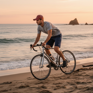 Man riding a bicycle on a beach at sunset