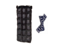 A black, bluefox and silk scarf with a bow brooch featuring crystal and blue rhinestones on a white background
