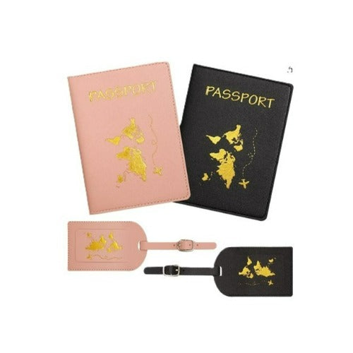 A set of passport protective holder and luggage tag with a pink and black color scheme, featuring a golden geometric design.