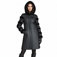 A model wearing a black hooded coat with textured paneling and black knee-high boots, photographed against a plain white background.