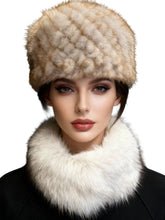 Load image into Gallery viewer, Woman wearing a fur hat and scarf against a black background
