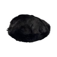 A round, black fur beret style hat with a visually soft interior lining, designed for women.