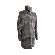 A dark grey astrakhan knee-length coat with pockets at the front and a fur hooks fastening. The coat has a regular collar and is displayed on a mannequin.