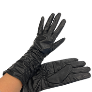 A pair of long black leather gloves for women.