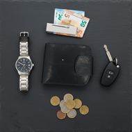 Leather universal wallet for men and women by Vilniaus Kailiai, shown open with multiple card slots and cash compartments.