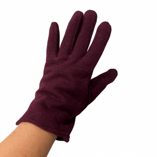 A single purple fleece glove for women displayed on a human hand against a white background.