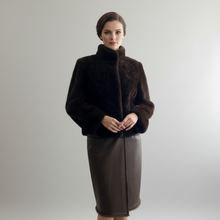 Įkelti nuotrauką į galerijos peržiūros programą, A woman modeling a dark brown fur coat with a high collar and a matching brown skirt, photographed against a neutral light gray studio background.
