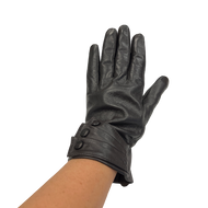 Vilniaus Kailiai gloves, stylish black leather gloves shown on a model with a close-up of the textured material and sleek design.