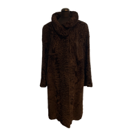 Brown long loose astrakhan fur coat on a mannequin against a white background
