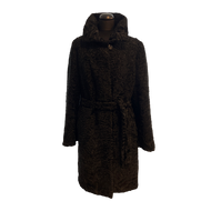 A black Astrakhan fur coat with a classic collar, front pockets, and fur hooks fastening. It has a straight silhouette and falls just below the knee with a tie at the waist.