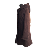 A brown sheepskin fur suede leather hooded coat with adjustable sleeves and hidden pockets on the sides.